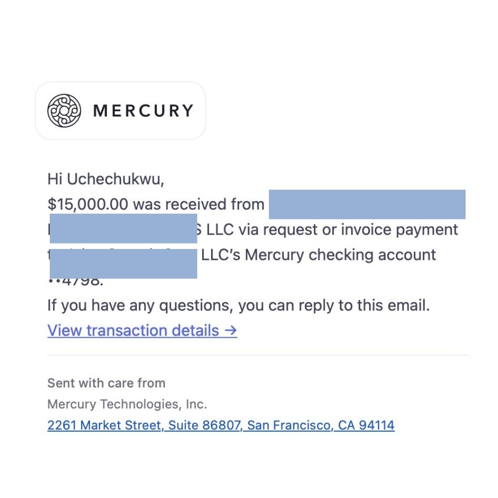 Payment received notice showing a $15,000 transaction