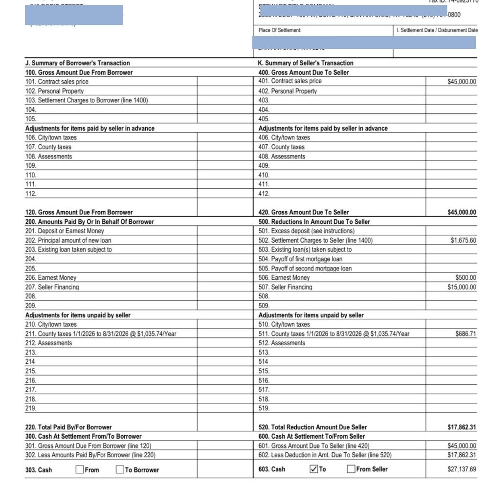 Buyer closing statement with redacted information