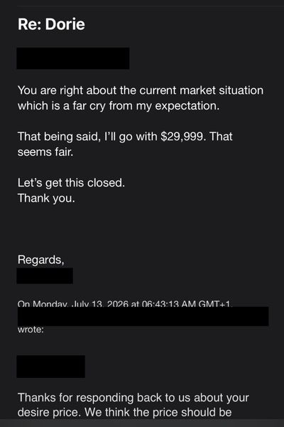 Buyer negotiation email with private details redacted
