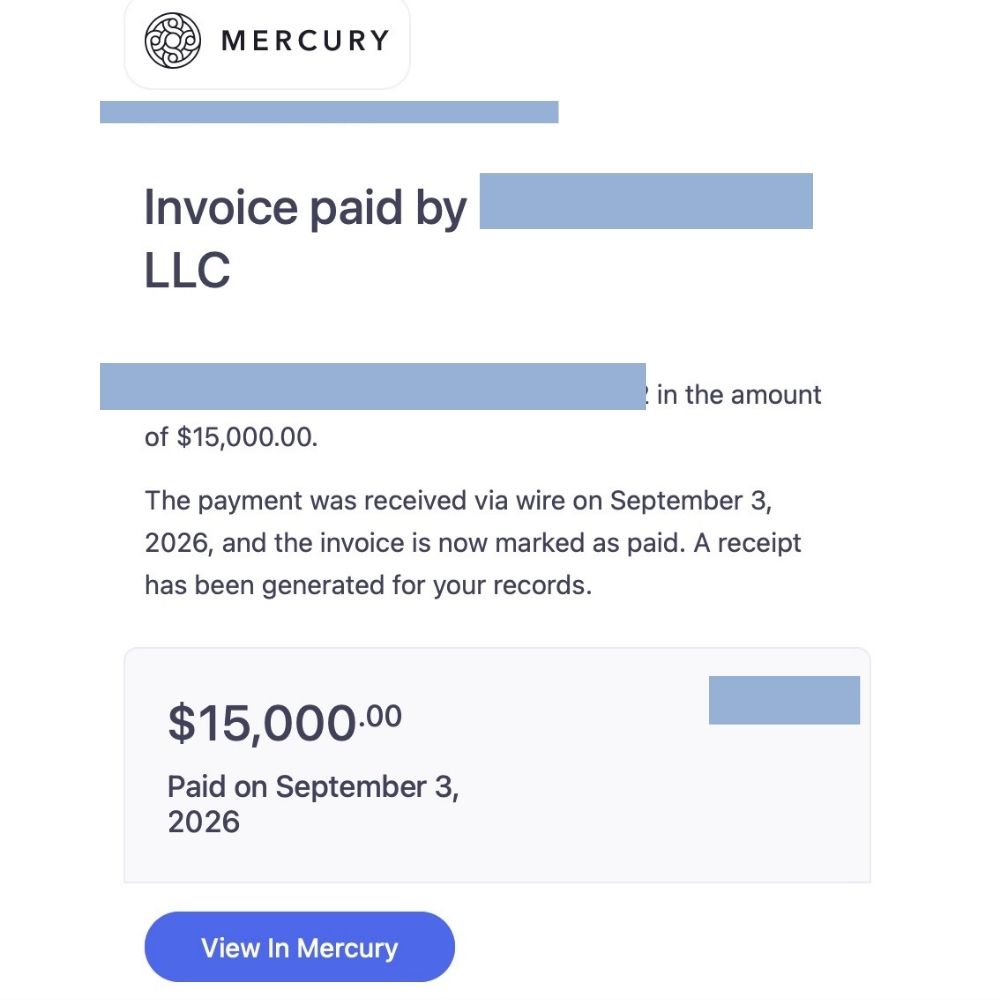Paid invoice notice for $15,000