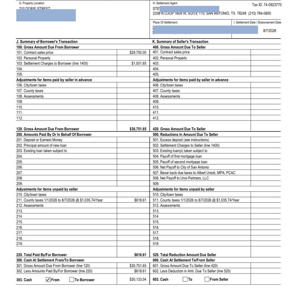 Seller closing statement with redacted information